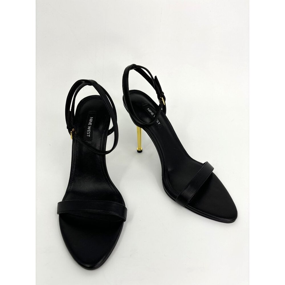 Nine West Reina Ankle Strap Sandals Black Gold Stiletto Heels Size 8M